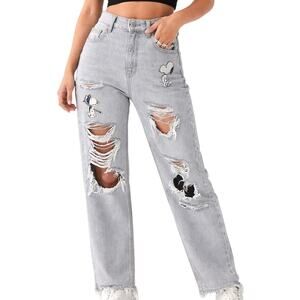 American Eagle Snoopy Distressed Mom Jeans Gray Peanuts Graphic 8 Short